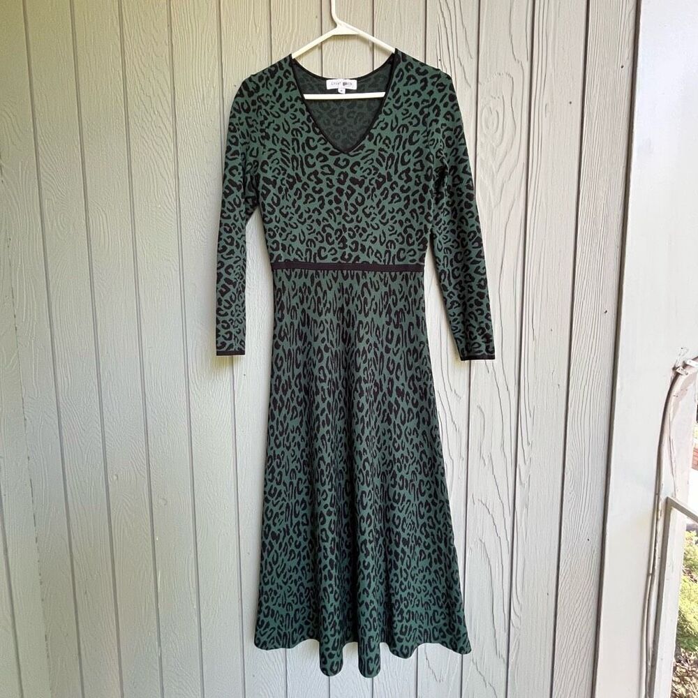 Great Jones Womens Forest Green Black Leopard Animal Print Knit Midi Dress